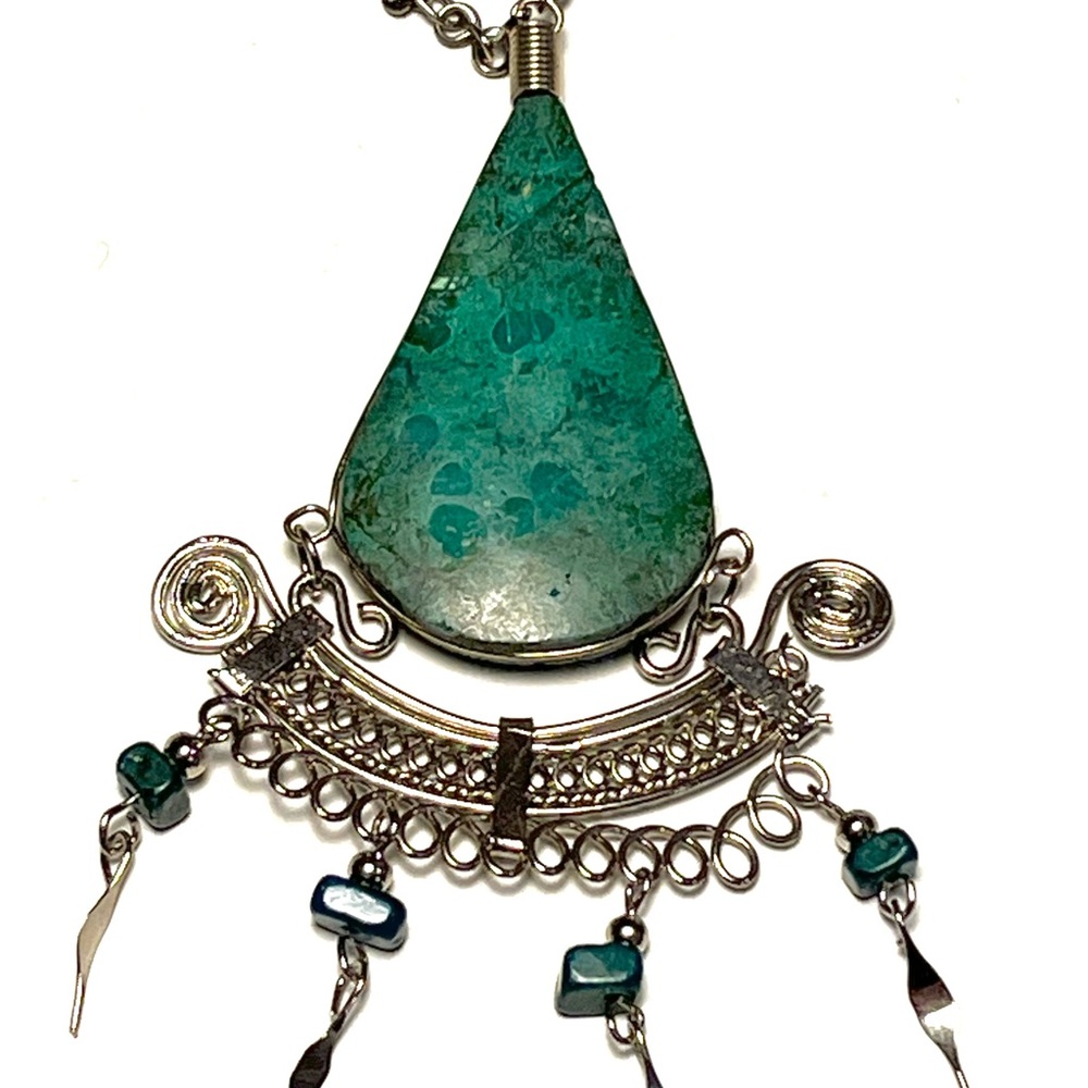 Boho Teal Natural Stone Silver Metal Ethnic Pendant Necklace